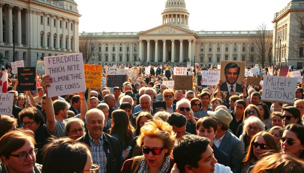A diverse crowd of people gathered in a public square, expressing a range of reactions and opinions about the potential impeachment of the Vice President. In the foreground, passionate protesters hold signs and banners, their faces animated with a mix of anger, concern, and determination. The middle ground features a mix of onlookers, some engaged in lively discussions, others observing quietly. In the background, the architecture of government buildings provides a somber, institutional backdrop, adding a sense of gravity to the scene. Warm, natural lighting casts a glow over the crowd, creating a sense of energy and urgency. The overall composition conveys the public's intense engagement with this important political moment.