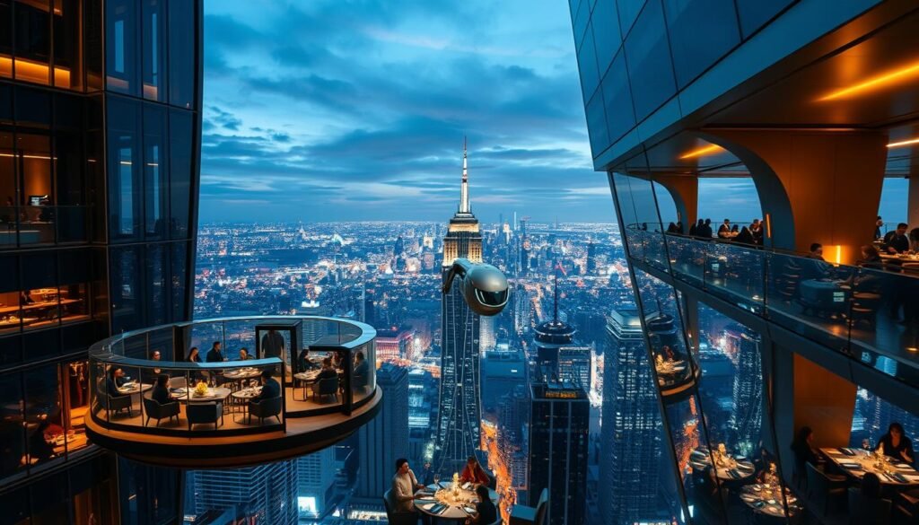 A futuristic sky-high bistro nestled amidst sleek, towering structures. In the foreground, a modern glass-enclosed dining area floats effortlessly, offering panoramic vistas of the bustling cityscape below. Diners immersed in a sophisticated ambiance, illuminated by warm, focused lighting that casts a soft glow. The middle ground showcases innovative robotic servers gliding gracefully between tables, delivering dishes with precision. In the background, a sprawling metropolis extends into the horizon, its skyline punctuated by gleaming, architecturally-striking buildings. An atmosphere of technological wonder and elevated culinary experience pervades the scene.