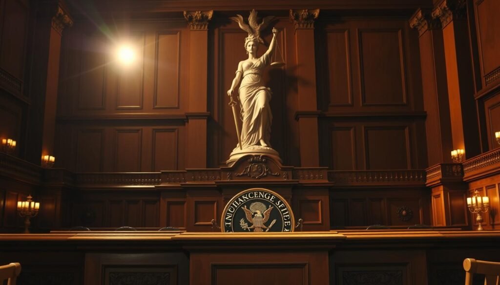 A grand, ornate courtroom setting with a majestic wooden bench and podium, illuminated by warm, focused lighting. In the background, a massive, imposing statue of Lady Justice, her scales and sword symbolizing the rule of law. On the bench, intricate carvings and detailed insignia, conveying a sense of solemn authority. The room exudes an atmosphere of gravity and reverence, fitting for the weighty matter of impeachment proceedings.