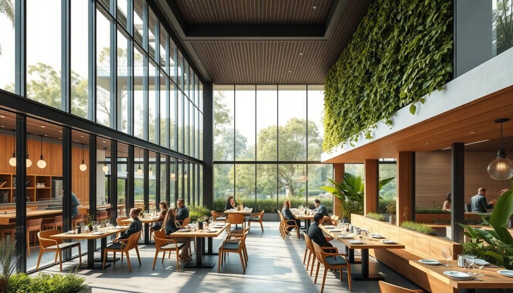 A minimalist, eco-friendly restaurant with a modern and sustainable design. The exterior features a glass facade, allowing natural light to flood the interior, and a living green wall, integrating nature into the architecture. The dining area has clean lines, natural wood and stone elements, and energy-efficient lighting. Large windows offer panoramic views of a lush, landscaped garden. Patrons enjoy a farm-to-table menu, served on biodegradable dishes. The overall atmosphere is one of tranquility and environmental consciousness, with a calming color palette of earthy tones. A serene oasis in the heart of the city, this green tech eatery represents the future of sustainable dining.