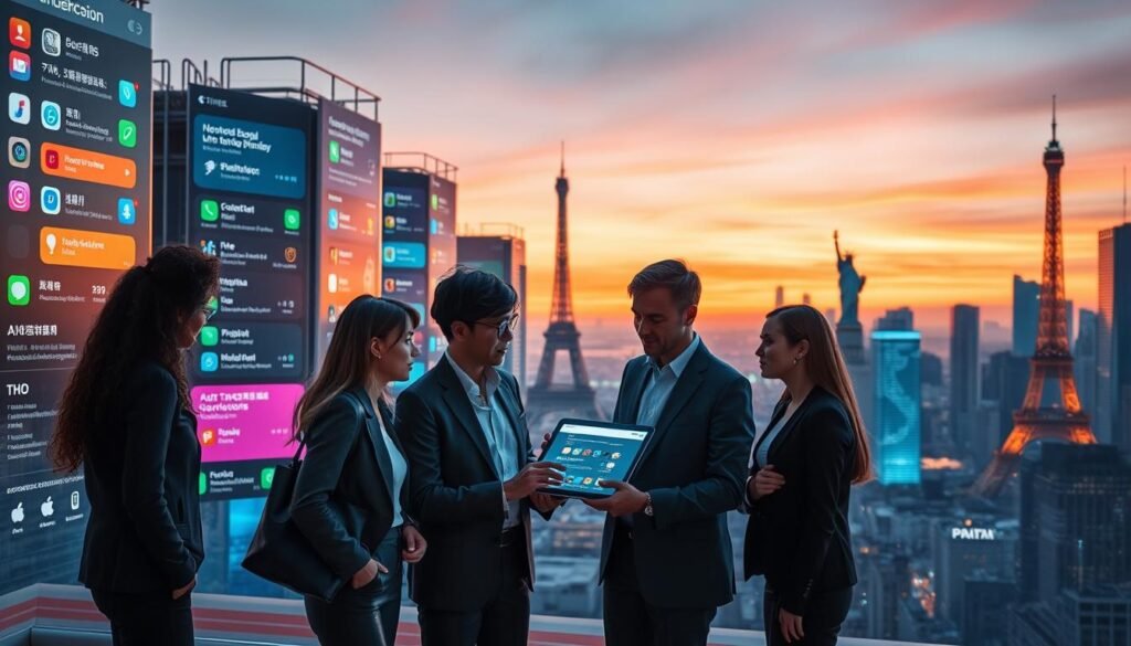 A futuristic cityscape representing the global impact of iOS technology, with a focus on vibrant digital screens showcasing app icons and notifications in various languages. In the foreground, a group of diverse professionals in business attire discuss an iPad, expressing collaboration and innovation. The middle ground features iconic landmarks like the Eiffel Tower and the Statue of Liberty, symbolizing global connectivity. The background is a sunset sky with a soft gradient of orange and purple, casting a warm glow over the scene. The image should be captured from a slightly elevated angle, creating depth and emphasizing the relevance of iOS in the modern technological landscape, with soft, dynamic lighting enhancing the atmosphere of progress and engagement.