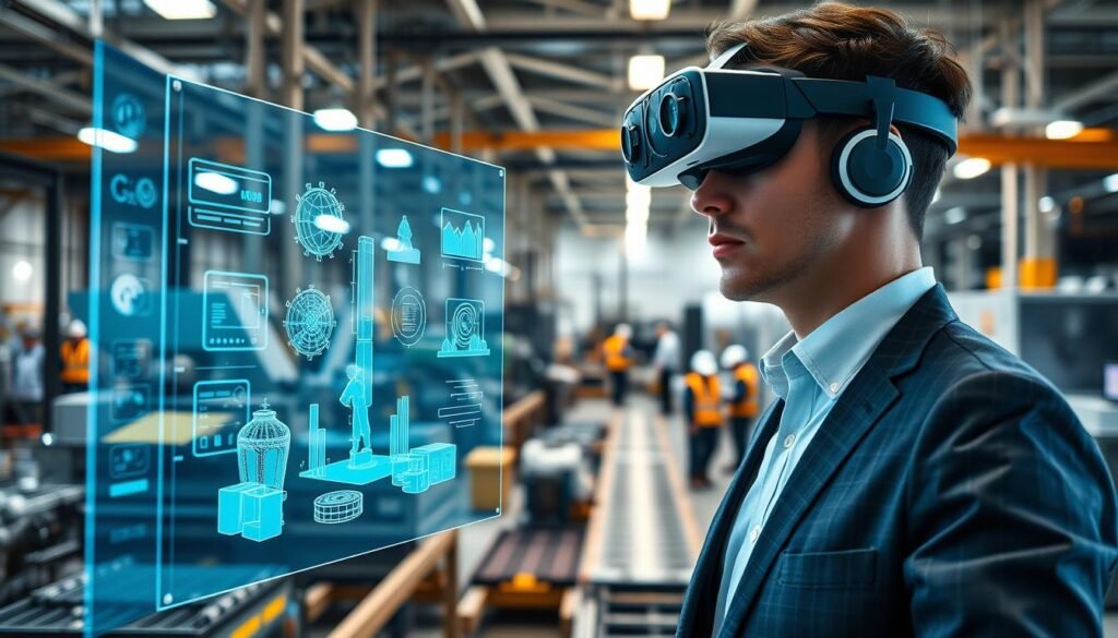 A modern industrial mixed reality application scene featuring an engineer wearing a sleek Apple Vision Pro headset, interacting with 3D holograms of machinery and production lines. In the foreground, the engineer is focused on a holographic display that highlights complex data and schematics, dressed in professional business attire. The middle ground showcases a high-tech factory environment, with advanced equipment and workers collaborating in a safe manner, all wearing appropriate gear. In the background, soft, ambient lighting highlights the workspace, emphasizing a futuristic atmosphere filled with innovation and collaboration. The overall mood is dynamic and inspiring, reflecting cutting-edge technology in industrial applications, captured with a wide-angle lens to enhance depth and clarity.