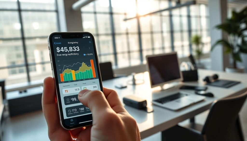 A modern workspace featuring a sleek iPhone displaying detailed energy efficiency statistics for iOS 16 and iOS 17. In the foreground, a hand interacts with the phone’s screen, showcasing vibrant graphs and energy consumption metrics. The middle layer includes a stylish desk with a laptop and smart gadgets, emphasizing a tech-savvy environment. The background should depict a bright office space with large windows filtering natural light, creating a clean and professional atmosphere. Soft shadows enhance the details. Use a wide-angle lens to capture a sense of depth, conveying innovation and clarity. The overall mood is focused and industrious, emphasizing the importance of energy management in technology.
