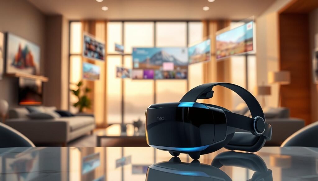 A sleek and modern Meta Quest 3 mixed reality headset displayed prominently in the foreground, showcasing its elegant design with a glossy black finish and subtle holographic accents. The headset is placed on a minimalist, futuristic table that reflects ambient lighting. In the middle ground, a soft-focus view of a modern living room with large windows, allowing natural light to pour in, while virtual elements like floating screens and augmented graphics interact with the space, enhancing the sense of mixed reality. The background features a virtual landscape, seamlessly blending the real and digital worlds. The atmosphere is innovative and inviting, with warm tones and soft shadows, evoking a sense of cutting-edge technology and immersive experience. The composition should be dynamic, capturing the essence of advanced mixed reality.