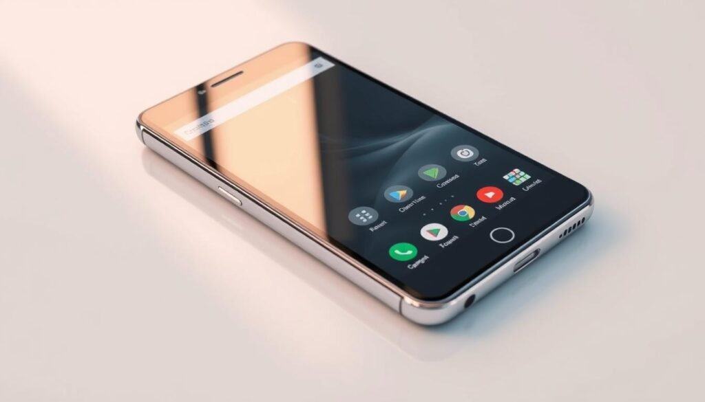 A sleek, modern mobile device featuring a discreet app hider functionality. The screen displays a minimalist user interface with clean lines and subtle icons, hinting at the hidden features within. The device is rendered in high detail, with a gleaming metallic chassis and a smooth, glass display that reflects the surrounding environment. Soft, directional lighting highlights the device's elegant design, creating a sense of sophistication and discretion. The overall mood is one of understated power and utility, perfectly suited for the "Rekomendasi Launcher dengan App-Hider" section of the article.