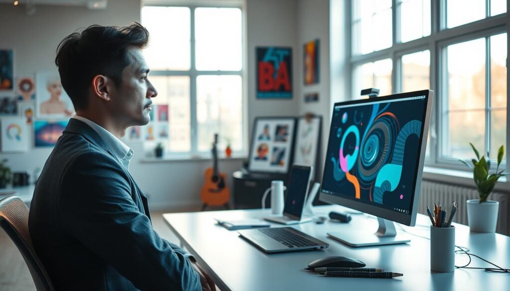 A contemplative scene depicting the psychological impact on creators grappling with artificial intelligence, set in a softly lit, modern workspace. In the foreground, a thoughtful individual, wearing professional business attire, is seated at a sleek desk, surrounded by digital devices and art supplies. Their expression conveys a mix of concern and creativity, as they gaze thoughtfully at a computer screen displaying abstract, AI-generated art. The middle ground features a wall adorned with vibrant creative works that contrast with the subtle tension in the scene. In the background, large windows let in gentle natural light, illuminating the room with a warm glow, suggesting a balance between inspiration and anxiety. The overall atmosphere evokes a sense of introspection and the complex relationship between technology and human creativity.