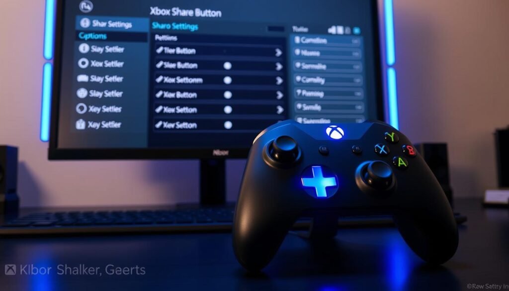 A detailed guide on customizing the Xbox Share Button, visually represented through an artistic depiction of an Xbox controller in a step-by-step tutorial format. In the foreground, place a sleek, modern Xbox controller prominently, showcasing a highlighted Share Button, glowing with a bright blue light. In the middle background, display a digital screen illustrating a user interface with various macro settings and options related to the Share Button customization. The scene features a tech-savvy workspace with blue LED lighting enhancing the atmosphere of innovation. The image should be captured from a slightly elevated angle to emphasize the controller and interface while maintaining a professional look. No text or overlays should be included, ensuring focus on the visual representation of the customization process.