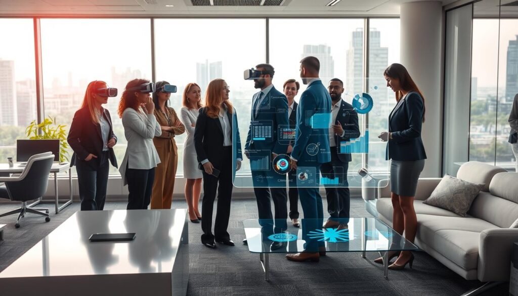 A futuristic office environment illustrating mitigation and adaptation strategies for the impact of artificial intelligence on human creativity. In the foreground, a diverse group of professionals in business attire, actively collaborating around a large holographic display showcasing data visualizations and innovative concepts. In the middle, sleek, modern furniture and advanced technology, like virtual reality headsets and interactive screens, emphasize a dynamic workspace. The background features large windows with a view of a green cityscape, integrating nature with architecture, symbolizing sustainable development. Soft, ambient lighting casts a calm yet energized atmosphere, hinting at the balance between technology and human creativity. The angle captures the collaborative spirit of innovation while fostering a sense of hope for the future.