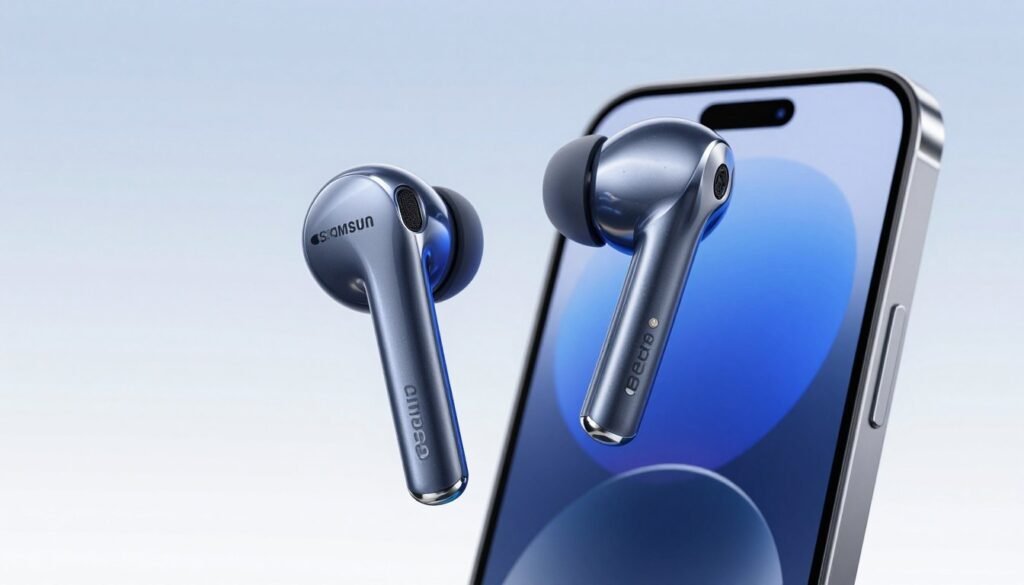 A close-up shot of Samsung Galaxy Buds3, showcasing their sleek design and innovative features. The earbuds are positioned prominently in the foreground, glistening with a premium finish and intricate details. The background features a soft gradient of soft blues and whites, evoking a modern tech ambiance. Subtle lighting highlights the contours and textures of the Buds3, reflecting their high-quality audio capabilities. In the middle ground, a faint outline of a smartphone with a matching interface can be seen, introducing the concept of integration. The overall atmosphere is sleek, professional, and inviting, emphasizing advanced technology and smart features in an engaging but minimalistic setting.