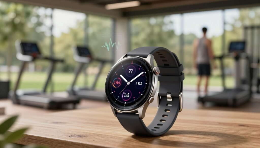 A sleek Samsung Galaxy Watch7 prominently displayed in the foreground, showcasing its vibrant and detailed health and fitness tracking interface. In the background, include a tranquil fitness environment, such as a modern gym or a serene outdoor park, to emphasize an active lifestyle. Soft, natural lighting filters through, highlighting the watch's screen and sleek design. Incorporate subtle technological elements like heart rate graphs or fitness metrics floating in the air around the watch, enhancing its futuristic appeal. The atmosphere should evoke a sense of motivation and wellness, making the viewer feel inspired to engage in healthy activities. Use a slight depth of field to focus on the watch while softly blurring the background, creating a premium and polished look.